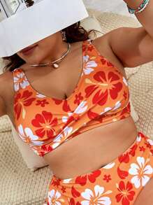 SHEIN Plus Floral Print Twist Front Bikini Top - Orange - View 1