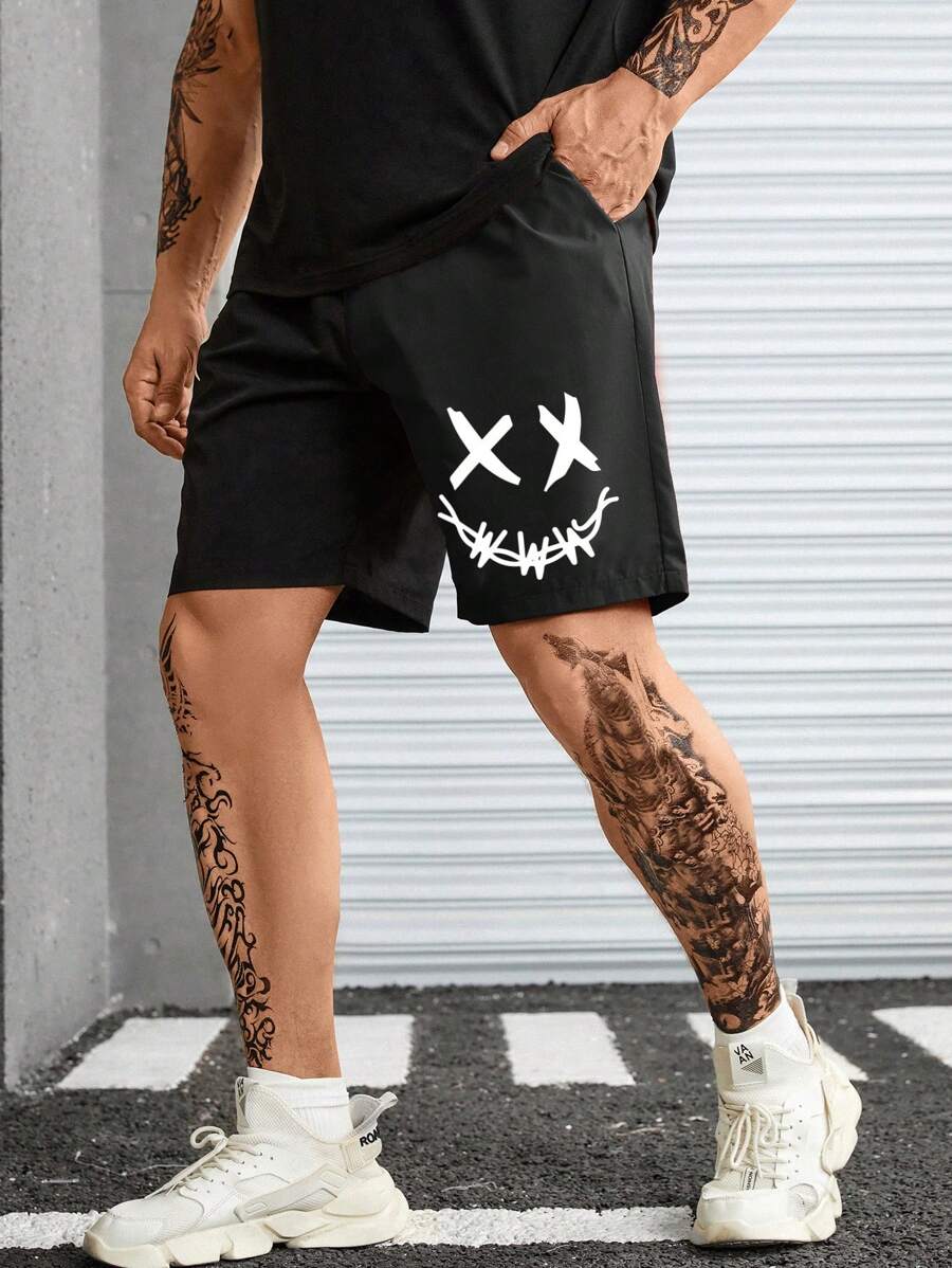 Manfinity EMRG 男士表情圖案腰部抽繩短褲 - 黑色 - 查看 1