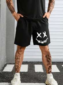 Manfinity EMRG 男士表情圖案腰部抽繩短褲 - 黑色 - 查看 5