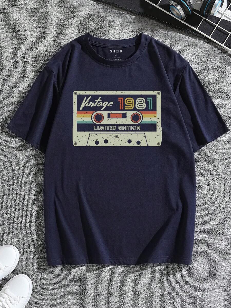 Men Audiotape And Letter Graphic Tee - Navy Blue - View 1