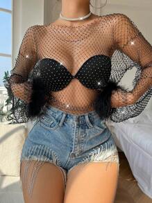 Allurite Fuzzy Cuff Rhinestone Detail Fishnet Top Without Bra