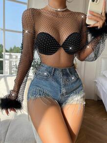 Allurite Fuzzy Cuff Rhinestone Detail Fishnet Top Without Bra