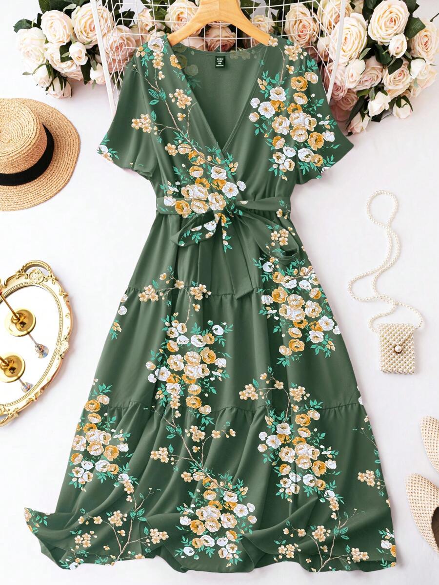 SHEIN LUNE Váy tay cánh bướm in hoa có thắt lưng cho mùa hè - Màu xanh lá cây đậm - Xem 1