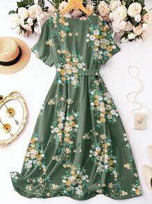 SHEIN LUNE Váy tay cánh bướm in hoa có thắt lưng cho mùa hè - Màu xanh lá cây đậm - Xem 2