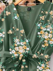 SHEIN LUNE Váy tay cánh bướm in hoa có thắt lưng cho mùa hè - Màu xanh lá cây đậm - Xem 3