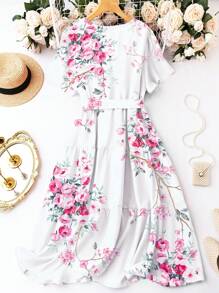 SHEIN LUNE 大碼印花蝴蝶袖繫腰帶洋裝 - 白色 - 查看 2