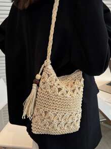 Túi rơm nhỏ trang trí tua rua tối giản, hoàn hảo cho kỳ nghỉ du lịch bãi biển mùa hè - Màu be - Xem 3