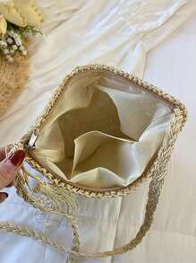 Túi rơm nhỏ trang trí tua rua tối giản, hoàn hảo cho kỳ nghỉ du lịch bãi biển mùa hè - Màu be - Xem 4