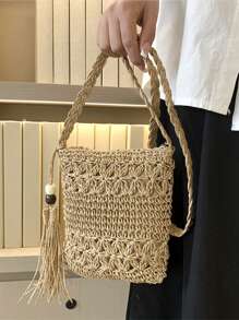Túi rơm nhỏ trang trí tua rua tối giản, hoàn hảo cho kỳ nghỉ du lịch bãi biển mùa hè - Màu be - Xem 5