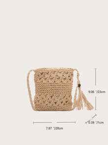 Túi rơm nhỏ trang trí tua rua tối giản, hoàn hảo cho kỳ nghỉ du lịch bãi biển mùa hè - Màu be - Xem 7