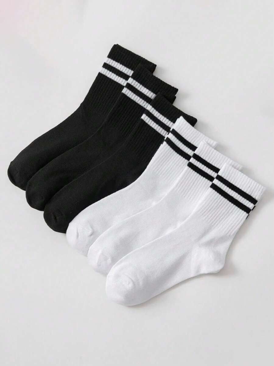 6pairs Women Striped Pattern Fashionable Crew Socks For Daily Decoration, Fall