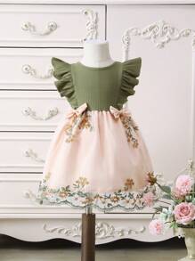 Trang phục dự tiệc cho em bé Thêu Xù Nơ trước Khối Màu Hoa - xanh quân đội - Xem 1