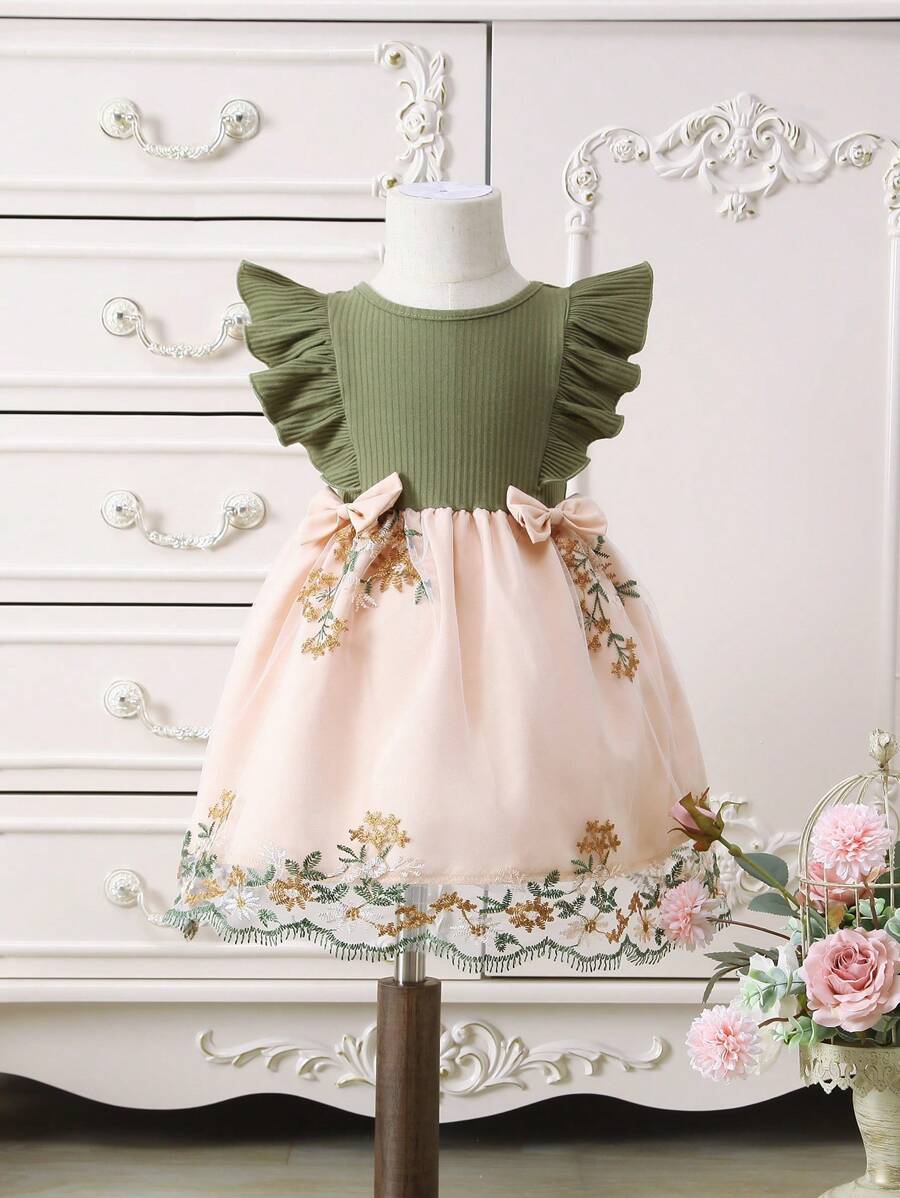 Trang phục dự tiệc cho em bé Thêu Xù Nơ trước Khối Màu Hoa - xanh quân đội - Xem 1