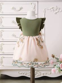 Trang phục dự tiệc cho em bé Thêu Xù Nơ trước Khối Màu Hoa - xanh quân đội - Xem 2