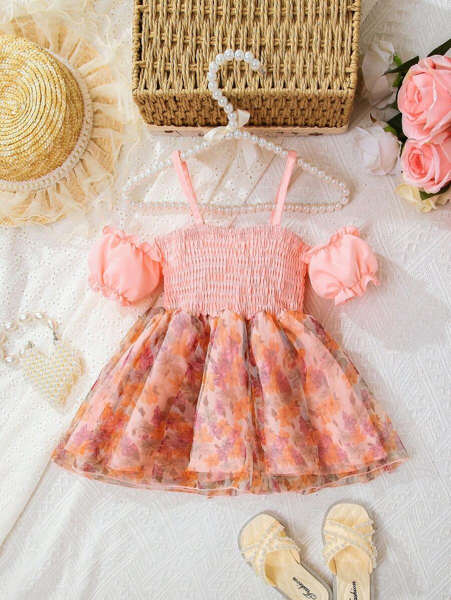 Baby Floral Print Cold Shoulder Dress - Pink - View 1