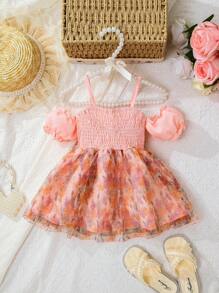 Baby Floral Print Cold Shoulder Dress - Pink - View 2