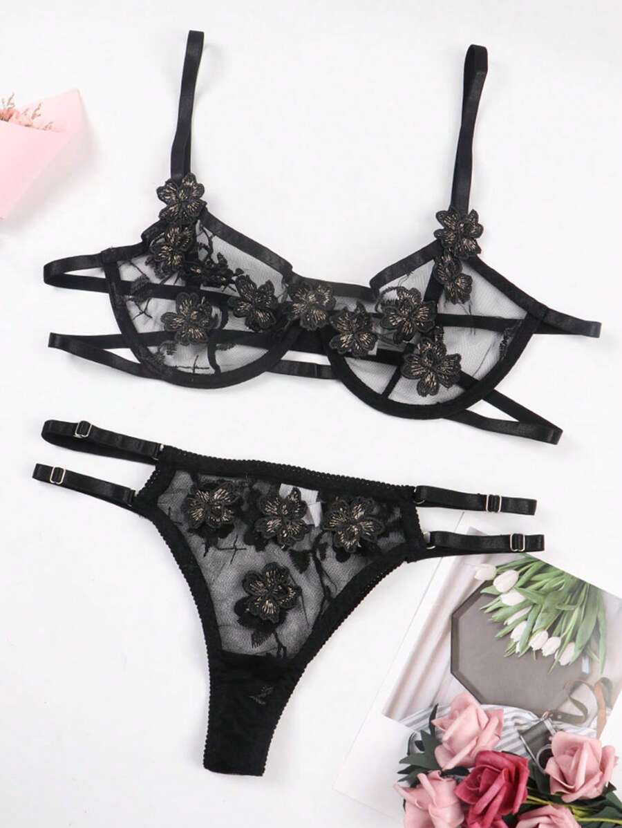 Floral Embroidery Mesh Underwire Lingerie Set - Black - View 1