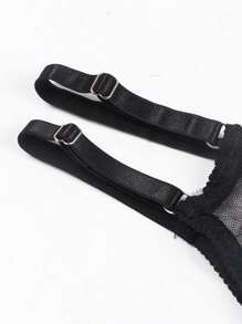 Floral Embroidery Mesh Underwire Lingerie Set - Black - View 6