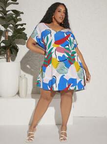 SHEIN CURVE+ 大碼植物圖案蝙蝠袖連衣裙 - 彩色 - 查看 3