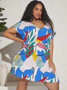 SHEIN CURVE+ 大碼植物圖案蝙蝠袖連衣裙 - 彩色 - 查看 5