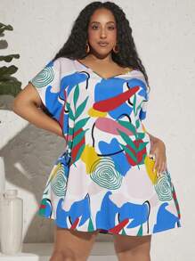 SHEIN CURVE+ 大碼植物圖案蝙蝠袖連衣裙 - 彩色 - 查看 6