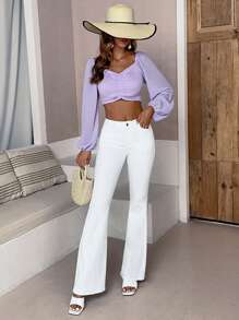 SHEIN Essnce Solid Flare Leg Jeans - White - View 6