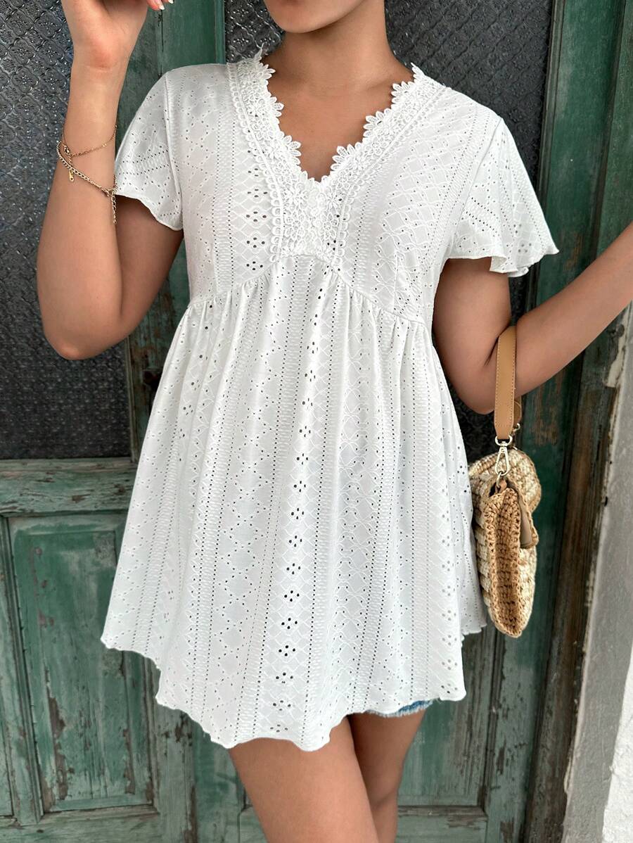 SHEIN Maternity Eyelet Embroidery Butterfly Sleeve Tee - White - View 1