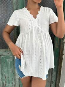 SHEIN Maternity Eyelet Embroidery Butterfly Sleeve Tee - White - View 4