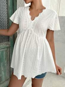 SHEIN Maternity Eyelet Embroidery Butterfly Sleeve Tee - White - View 5