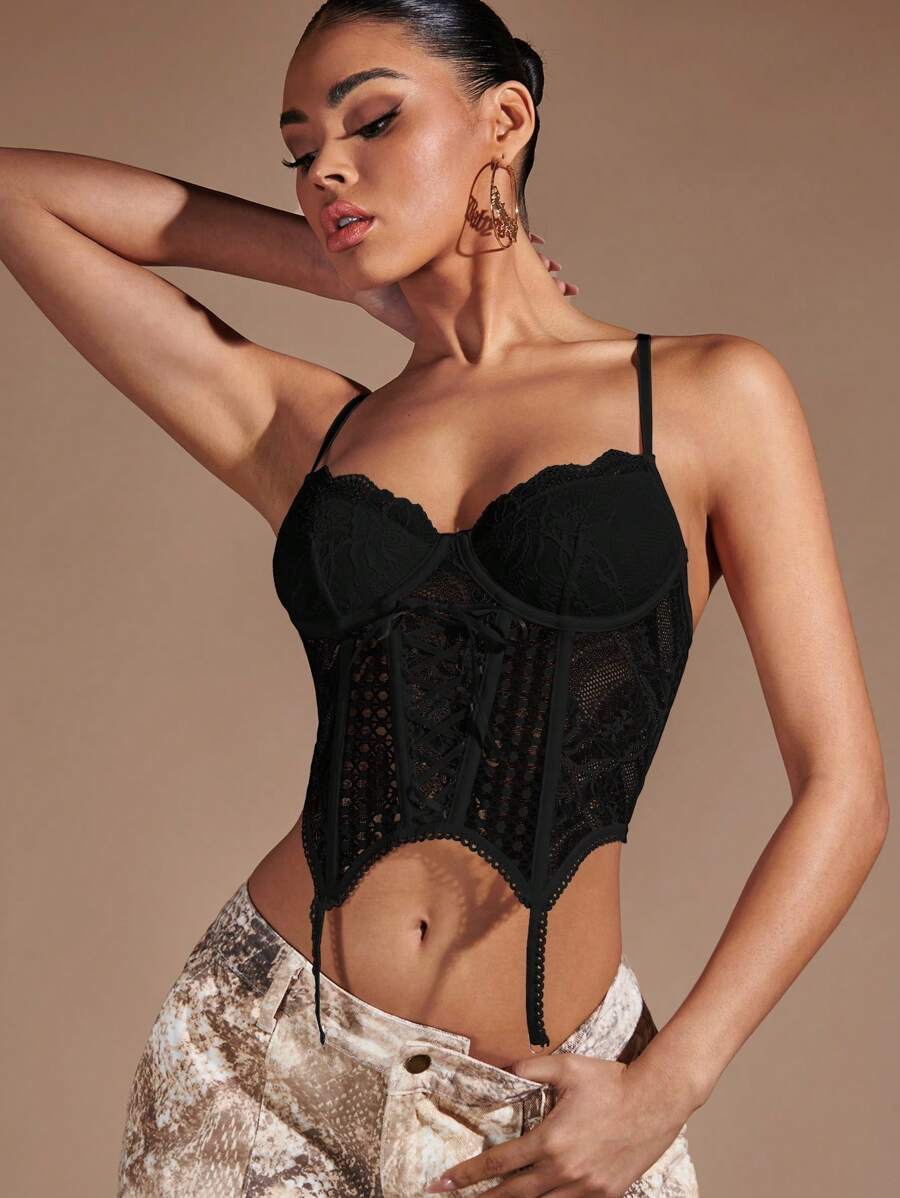 SHEIN BAE Asymmetrical Hem Lace Cami Top - Black - View 1