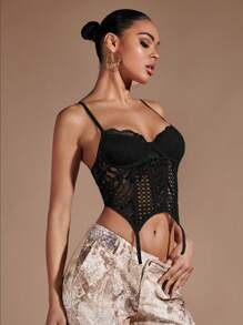 SHEIN BAE Asymmetrical Hem Lace Cami Top - Black - View 4