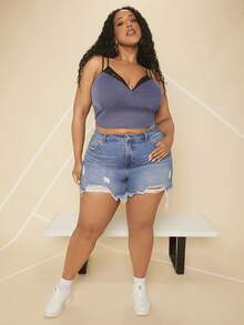 SHEIN CURVE+ 大碼蕾絲拼接吊帶上衣 - 藏蓝色 - 查看 4