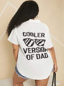 SHEIN CURVE+ 大碼標語圖案前紐扣襯衫 - 白色 - 查看 4