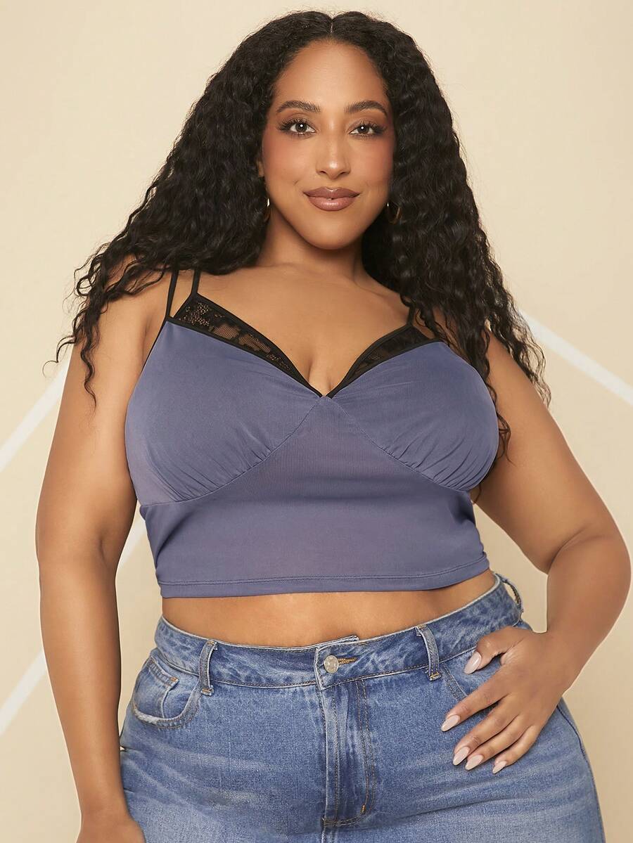 SHEIN CURVE+ 大碼蕾絲拼接吊帶上衣 - 藏蓝色 - 查看 1