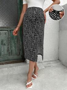 SHEIN Maternity Adjustable Waist Split Thigh Allover Print Skirt - Black and White - View 1