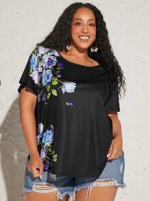 SHEIN CURVE+ Áo thun Plus size Hoa Giải trí - màu đen - Xem 2