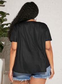 SHEIN CURVE+ Áo thun Plus size Hoa Giải trí - màu đen - Xem 3