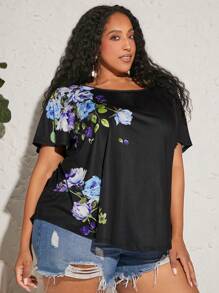 SHEIN CURVE+ Áo thun Plus size Hoa Giải trí - màu đen - Xem 1