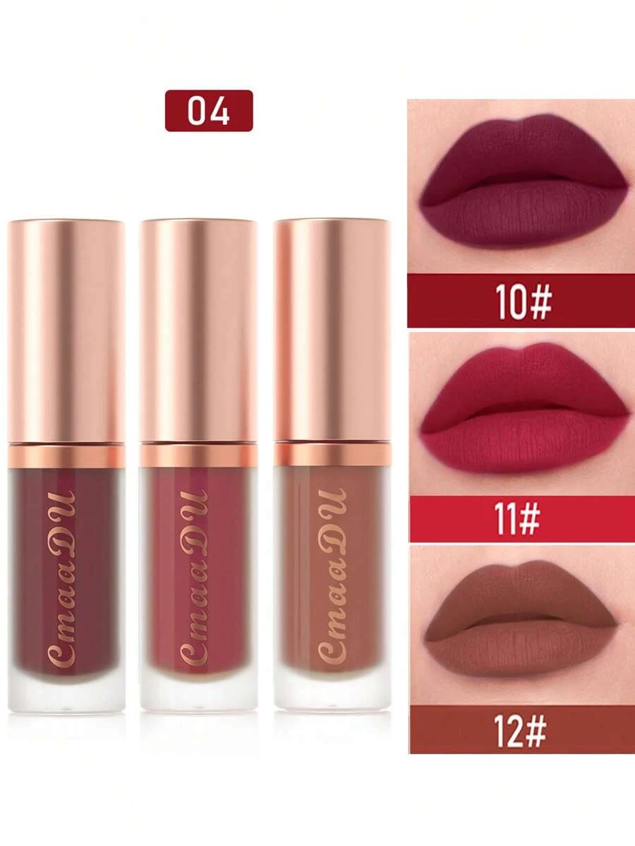 啞光絲絨唇彩,3入組持久色素沉著平滑液體口紅口紅美妝套裝適用於初學者 - 彩色 - 查看 1