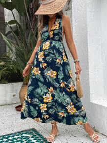 SHEIN Maternity Tropical Print Tie Backless Halter Neck Dress - Multicolor - View 5
