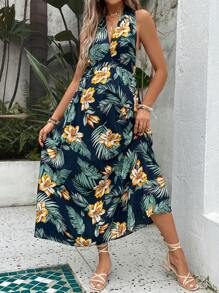 SHEIN Maternity Tropical Print Tie Backless Halter Neck Dress - Multicolor - View 4