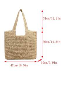 极简主义草编包双手柄度假大容量沙滩包、沙滩钱包，非常适合夏季、度假和日常使用 - 米色 - 查看 5