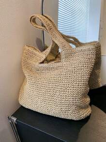 极简主义草编包双手柄度假大容量沙滩包、沙滩钱包，非常适合夏季、度假和日常使用 - 米色 - 查看 3