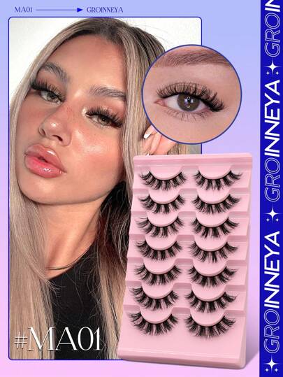 GROINNEYA 7 Paar gefälschte Nerz Wimpern im Manga Stil, natürliches Aussehen, flauschig, 3D Volumen Wimpern, weich und gekreuzt, gewischt, Wimpernverlängerung Make-up für Partys und Reisen (MA01)