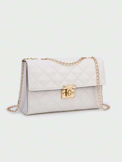 1pc Women White Diamond Grid Chain Strap Crossbody Bag, Fashionable Light-Weight Quilted Flap Shoulder Bag