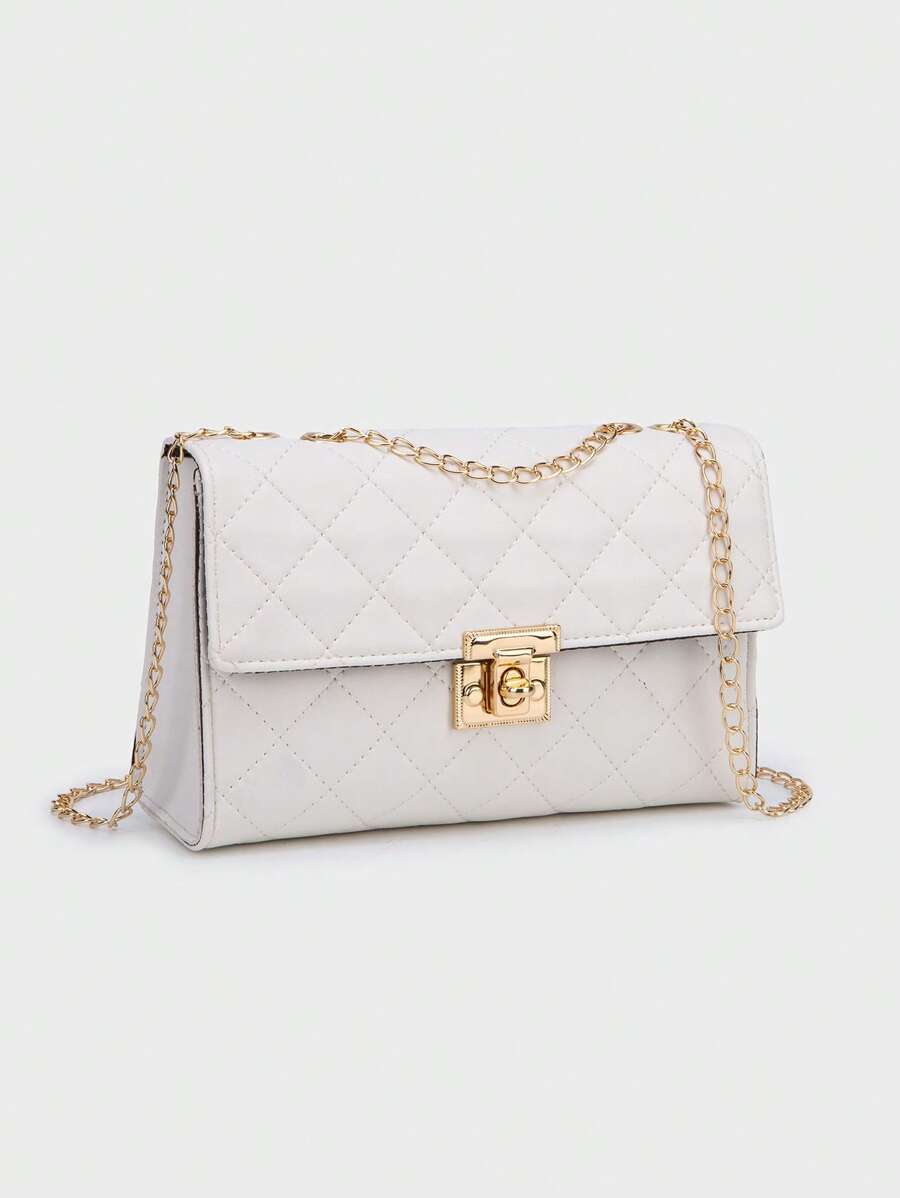 1pc Women White Diamond Grid Chain Strap Crossbody Bag, Fashionable Light-Weight Quilted Flap Shoulder Bag - White - View 1