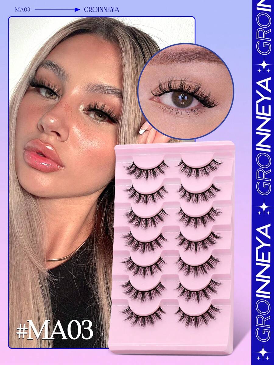 GROINNEYA Manga Lashes 7 对仿貂皮睫毛自然蓬松 3D 浓密睫毛柔软交叉纤细睫毛延长化妆派对旅行 (MA03) 假睫毛，睫毛，睫毛，假睫毛 - 黑色 - 查看 1