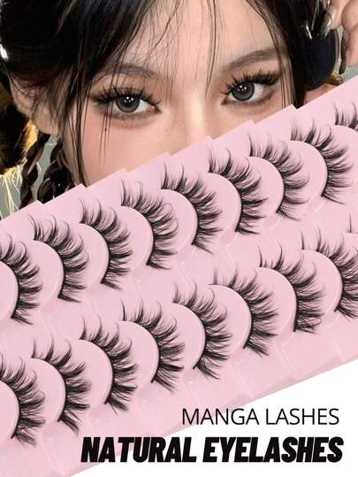 GROINNEYA 10 Pairs Manga Lashes Natural Look Eyelashes Cat Eye Lashes Cross Thick Mink Lashes Anime False Eyelashes Extension Makeup Tools Party Travel (MSC14) Strip Lashes, Lashes, Eyelashes, Fake Lashes