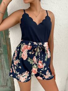 SHEIN Maternidad ribete en abanico Top de tirantes & con estampado floral con nudo delantero Shorts - Multicolor - Ver 5