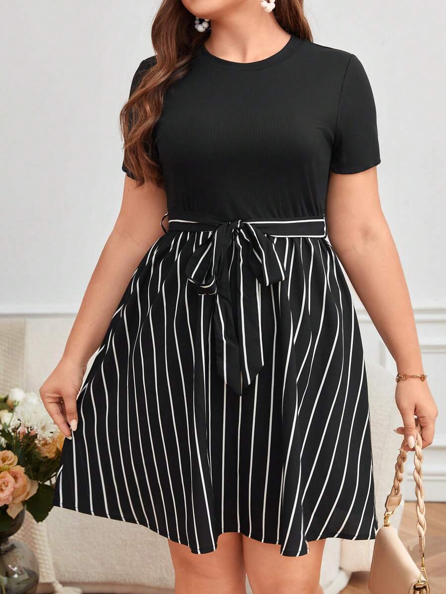 SHEIN Frenchy Plus Striped Print Belted Summer Boho Dress,Graduation Dress - Black and White - View 1